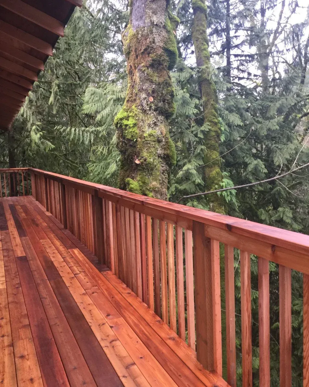 Cantilevered cedar deck in a wooded setting